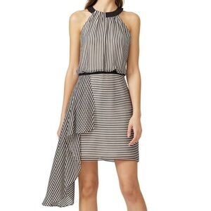 Halston Heritage Striped Asymmetric Draped Halter Neck Mini Dress Sz 6